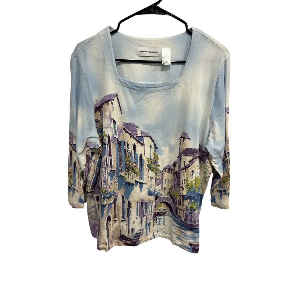Alfred Dunner Womens Scenic Print 3/4 Sleeve Top Size Large Coastal Classiccore